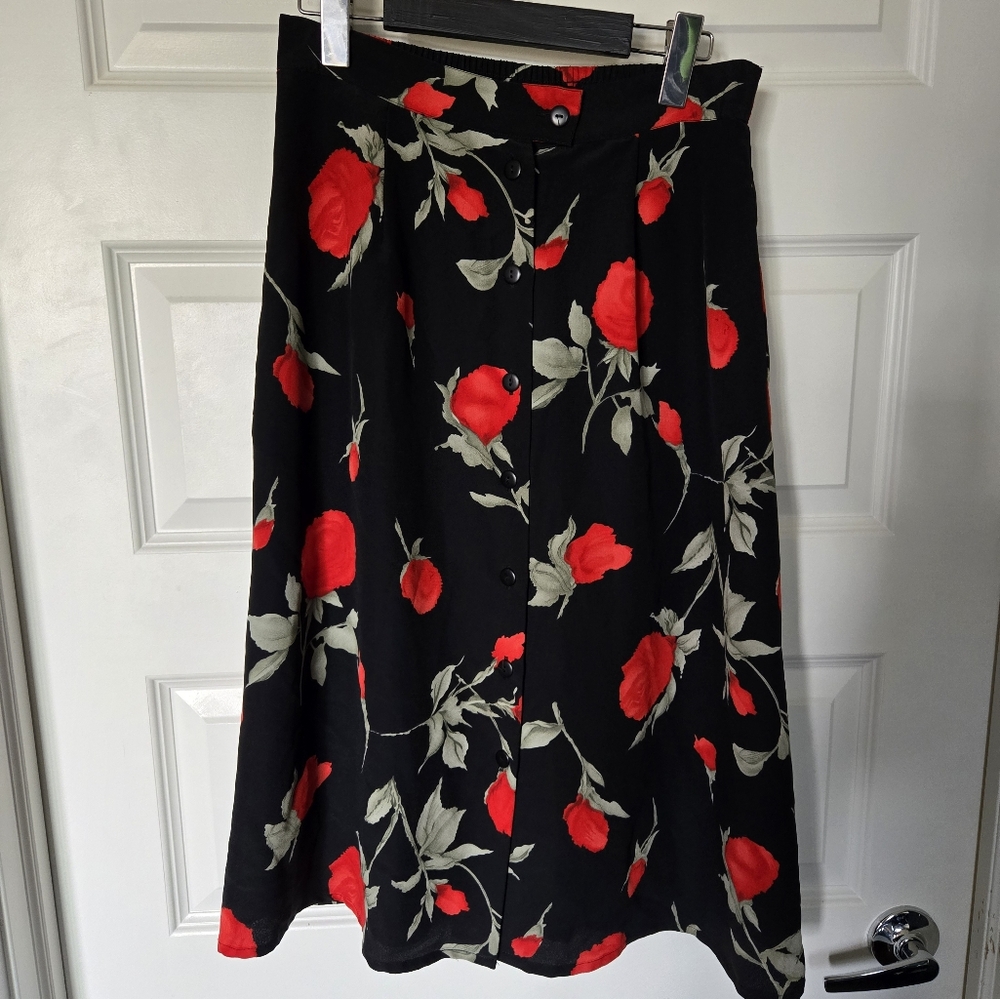 Alia Black Skirt with Red Roses - Size 10